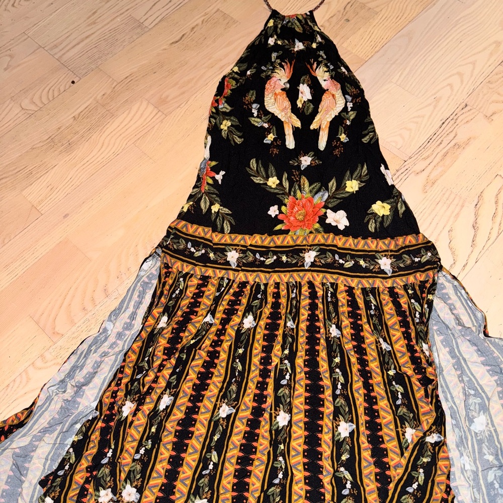 Floral Halter Maxi Dress in Black with Orange Accents - Picture 3 of 6